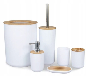 ZESTAW ŁAZIENKOWY 6 SZT BIAŁY DOZOWNIK MYDELNICZKA KUBEK KOSZ SZCZOTKA