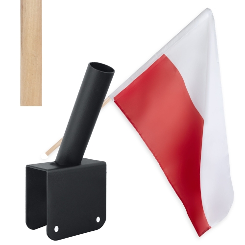 Zestaw: Uchwyt pojedynczy na flagę czarny / na balkon, poręcz + flaga POLSKI 110x70 + styl 120