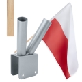 Zestaw: Uchwyt podwójny na flagi srebrny / na balkon, poręcz + flaga POLSKI 110x70 + styl 120