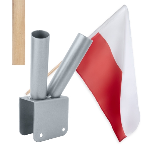 Zestaw: Uchwyt podwójny na flagi srebrny / na balkon, poręcz + flaga POLSKI 110x70 + styl 120