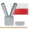 Zestaw: Uchwyt podwójny na flagi srebrny / na balkon, poręcz + flaga POLSKI 110x70 + styl 120