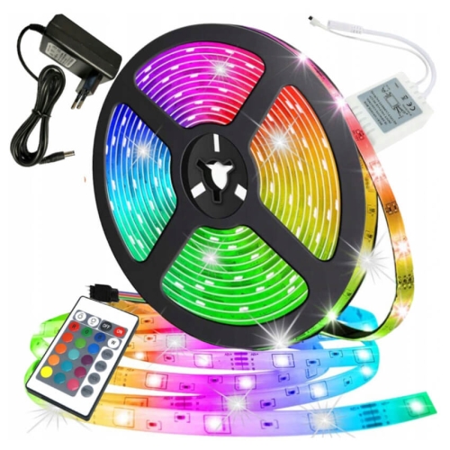 TAŚMA LED SMD WODOODPORNA 5M RGB KOLOROWA + PILOT