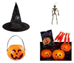 ZESTAW NA HALLOWEEN KAPELUSZ WIADERKO DYNIA BALONY SZKIELETOR