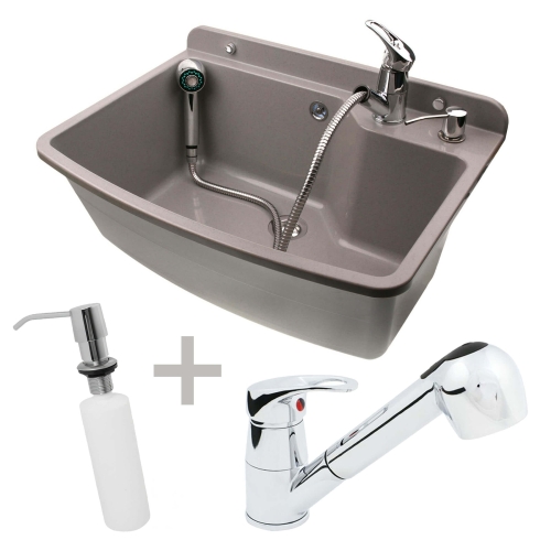 Zestaw: zlew gospodarczy MAXIMUS z baterią zlewozmywakową oraz dozownikiem.