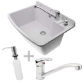 Zestaw: zlew gospodarczy biały / jasny szary z baterią zlewozmywakową prostą oraz dozownikiem.