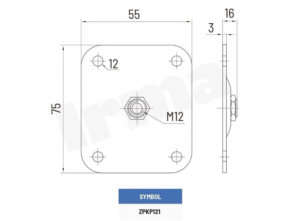 PODSTAWA ZAWIASA REGULOWANA M12 55x75x3mm