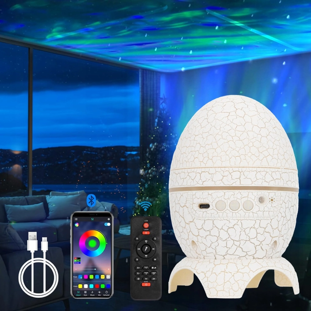 PROJEKTOR GWIAZD LAMPKA NOCNA LED Z GŁOŚNIKIEM JAJO DINOZAURA GALAKTYKA USB