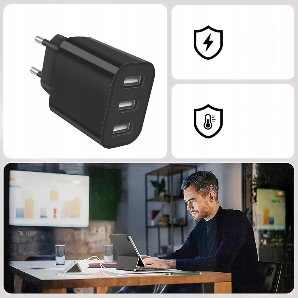 ŁADOWARKA SIECIOWA MOCNA KOSTKA 3 USB UNIWERSALNA SZYBKA 3 PORTY 5V 3,4A