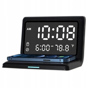 ZEGAR CYFROWY BUDZIK BEZPRZEWODOWY 3W1 ŁADOWARKA LUSTRO TERMOMETR CZARNY