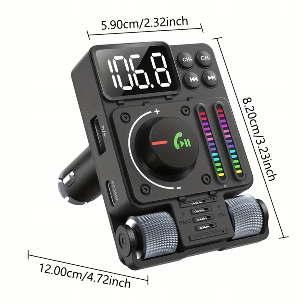 TRANSMITER SAMOCHODOWY RADIO FM NADAJNIK BLUETOOTH 5,3 PD ŁADOWARKA 30W