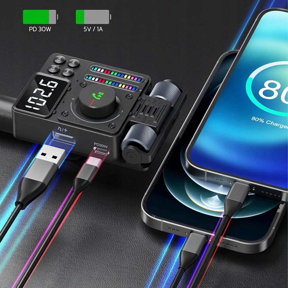 TRANSMITER SAMOCHODOWY RADIO FM NADAJNIK BLUETOOTH 5,3 PD ŁADOWARKA 30W
