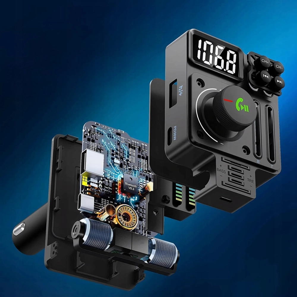 TRANSMITER SAMOCHODOWY RADIO FM NADAJNIK BLUETOOTH 5,3 PD ŁADOWARKA 30W