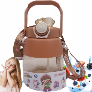 BUTELKA NA WODĘ ZE SŁOMKĄ BIDON SZKOLNY SMYCZ 1L BRĄZOWY ZESTAW NAKLEJEK