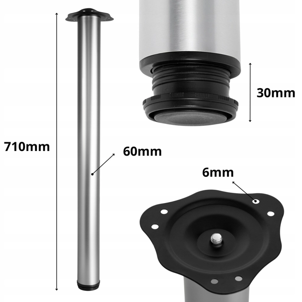 NOGA MEBLOWA FI 60 MM DO STOŁÓW MEBLI BLATÓW H 710 OKRĄGŁA STAL ALUMINIUM