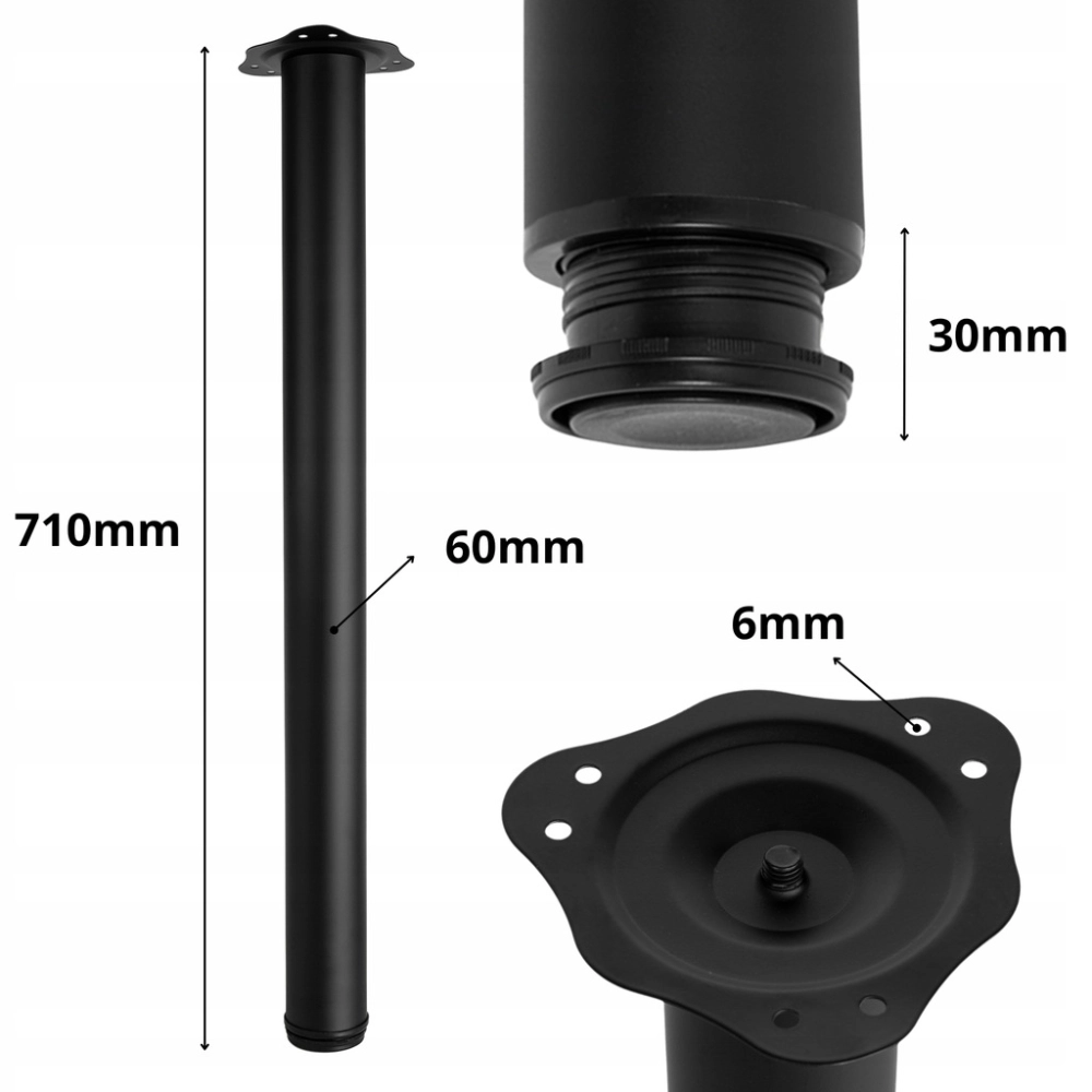 NOGA MEBLOWA FI 60 MM CYLINDRYCZNA DO MEBLI BLATÓW 71 CM 1 SZT STAL CZARNA