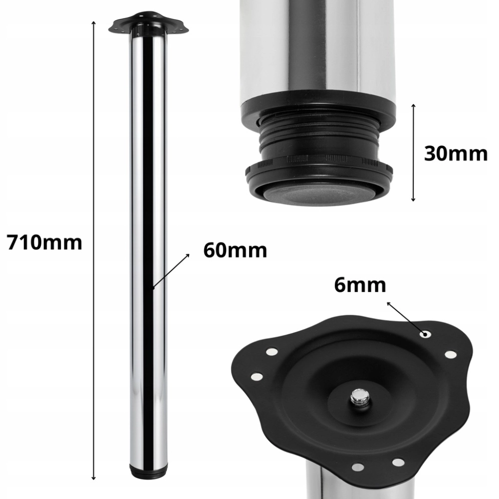 NOGA MEBLOWA FI 60 DO STOŁU BLATU METAL NÓŻKA DO MEBLI H 710 MM 1 SZT CHROM