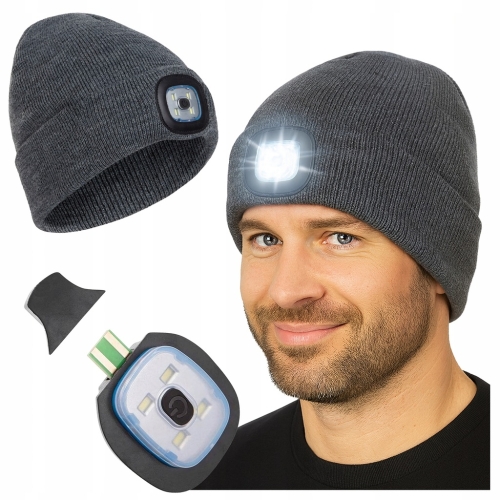 CZAPKA ZIMOWA Z LATARKĄ LED LAMPKĄ CZOŁÓWKA ROBOCZA DO BIEGANIA SZARA