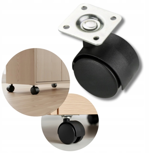 KÓŁKO MEBLOWE OBROTOWE PLASTIKOWE Z PŁYTKĄ FI 50 MM DO MEBLI SZAFEK CZARNE