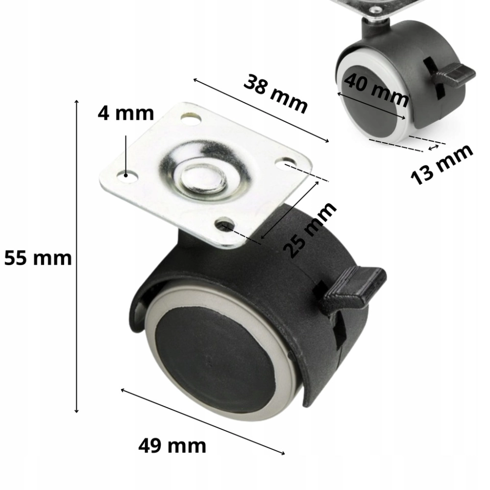 KÓŁKO OBROTOWE GUMOWANE Z PŁYTKĄ I HAMULCEM FI 40 MM DO KRZESŁA SZAFKI