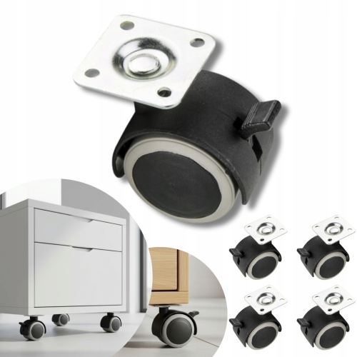 KOMPLET 4 KÓŁEK OBROTOWYCH GUMOWANYCH Z HAMULCEM FI 40 MM DO KRZESŁA SZAFKI