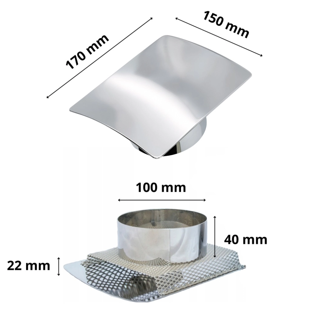 KRATKA WENTYLACYJNA NIERDZEWNA WYPUKŁA 170 x 150mm FI 100 mm CHROM Z SIATKĄ
