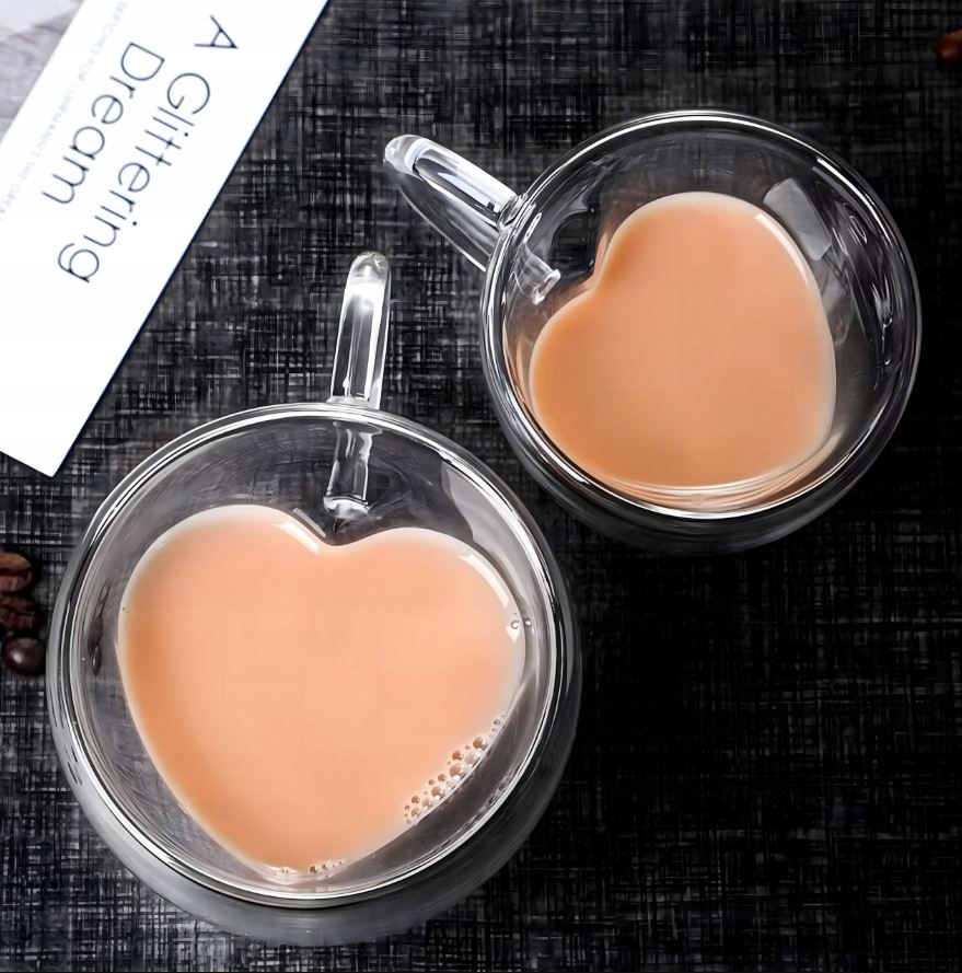 KUBEK MIŁOSNY SZKLANKA W KSZTAŁCIE SERCA PODWÓJNA ŚCIANA ŻAROODPORNA 250ML
