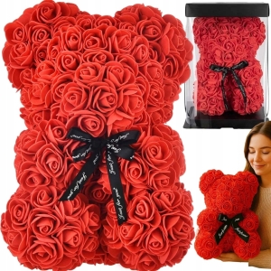 MIŚ Z PŁATKÓW RÓŻ PREZENT WALENTYNKI DZIEŃ KOBIET RÓŻA CZERWONY 28 cm