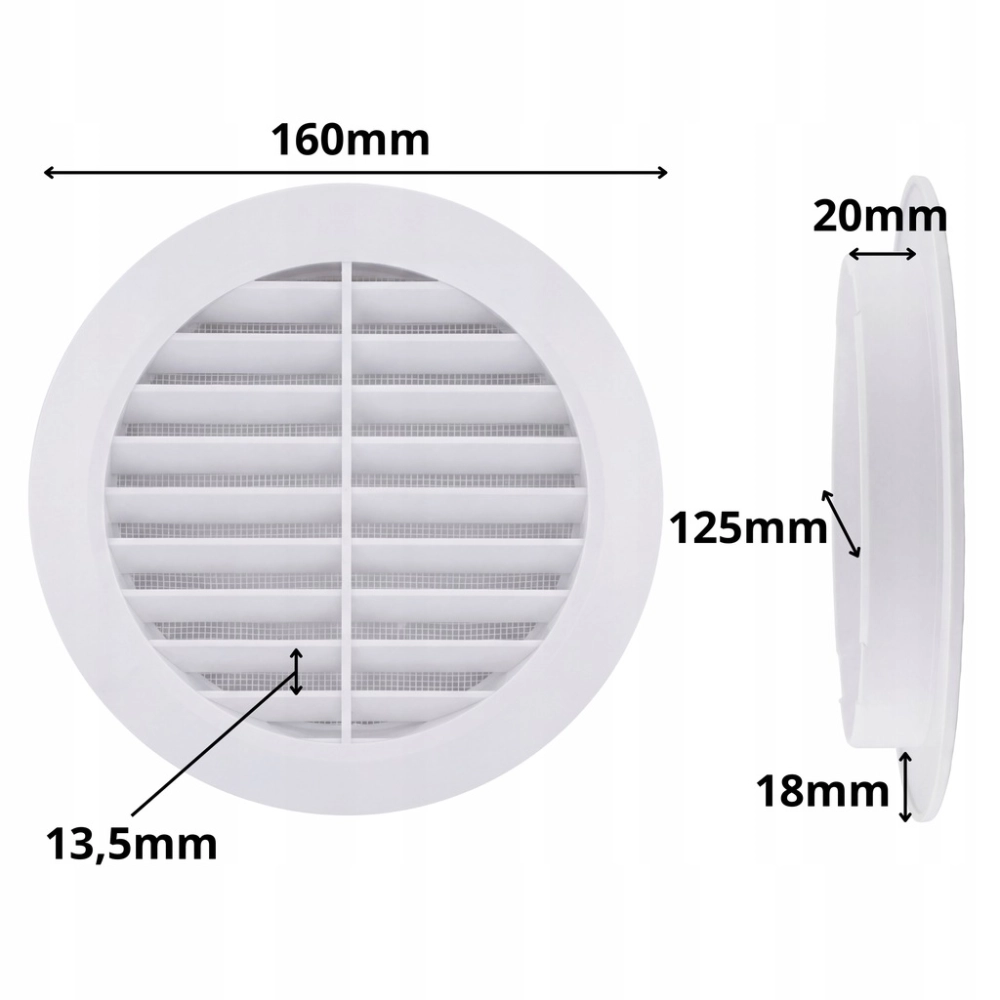 KRATKA WENTYLACYJNA OKRĄGŁA PLASTIKOWA FI 125 mm Z SIATKĄ BIAŁA