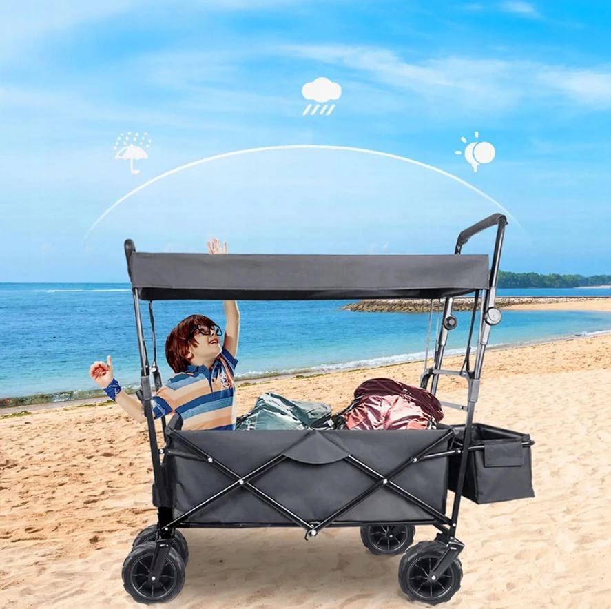 DUŻY SKŁADANY WÓZEK OGRODOWY PLAŻOWY TRANSPORTOWY NA RYBY Z DACHEM KOŁA XL