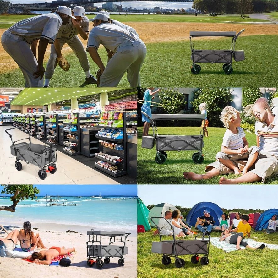 DUŻY SKŁADANY WÓZEK OGRODOWY PLAŻOWY TRANSPORTOWY NA RYBY Z DACHEM KOŁA XL
