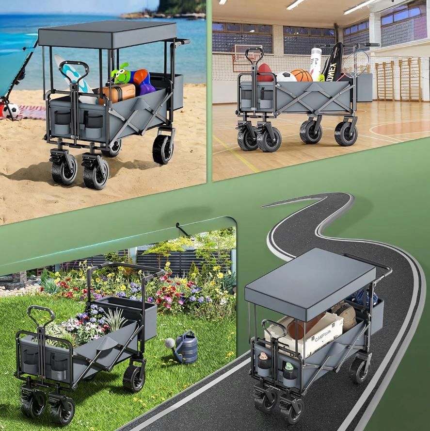 DUŻY SKŁADANY WÓZEK OGRODOWY PLAŻOWY TRANSPORTOWY NA RYBY Z DACHEM KOŁA XL