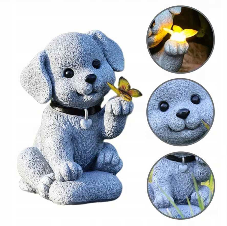 LAMPA LAMPKA SOLARNA OGRODOWA OZDOBNA PIES Z MOTYLEM LED OZDOBA DEKORACJA