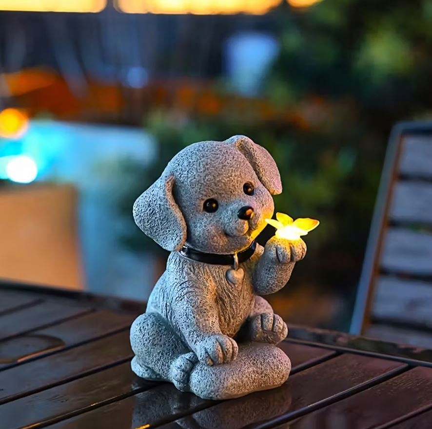 LAMPA LAMPKA SOLARNA OGRODOWA OZDOBNA PIES Z MOTYLEM LED OZDOBA DEKORACJA