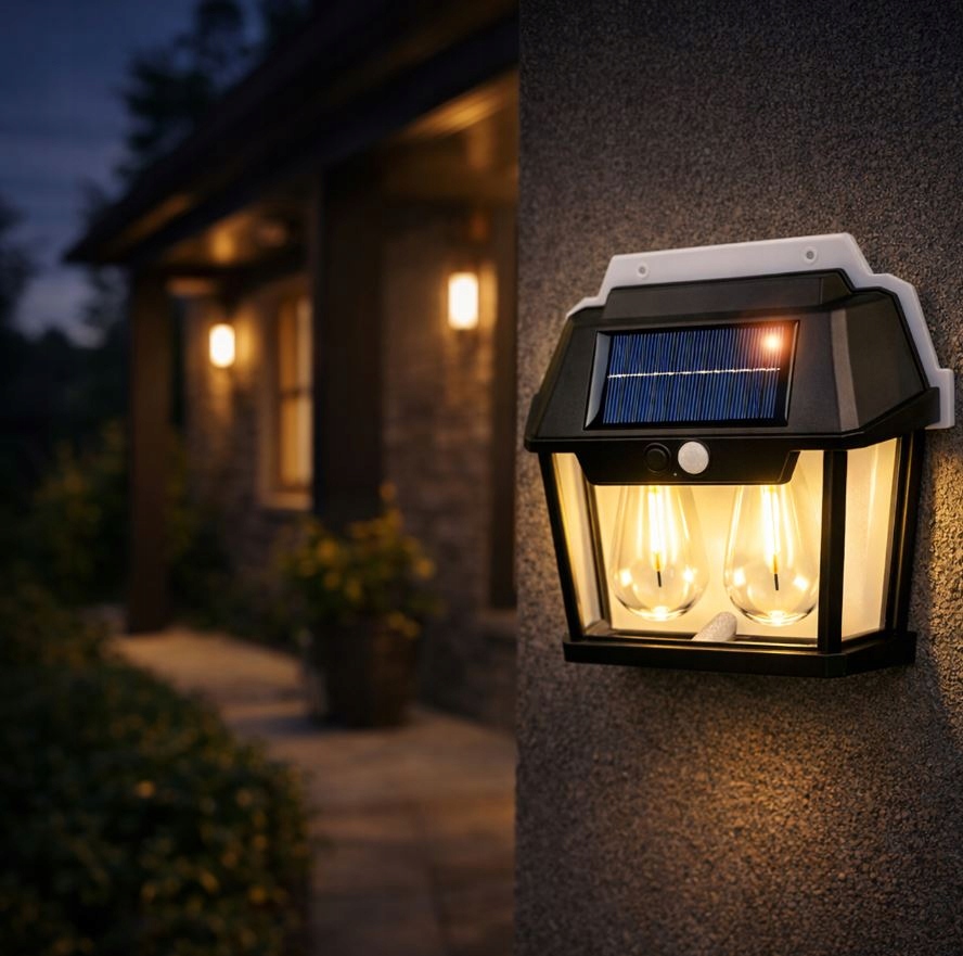 LAMPA SOLARNA LED PODWÓJNA KINKIET OGRODOWY ELEWACYJNY Z CZUJNIKIEM RUCHU