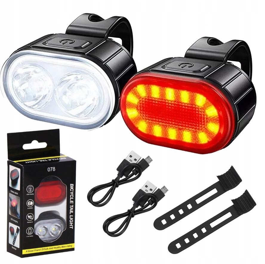LAMPA ROWEROWA ŚWIATŁO PRZÓD TYŁ LED NA ROWER KIEROWNICĘ MOCNA USB 2SZT