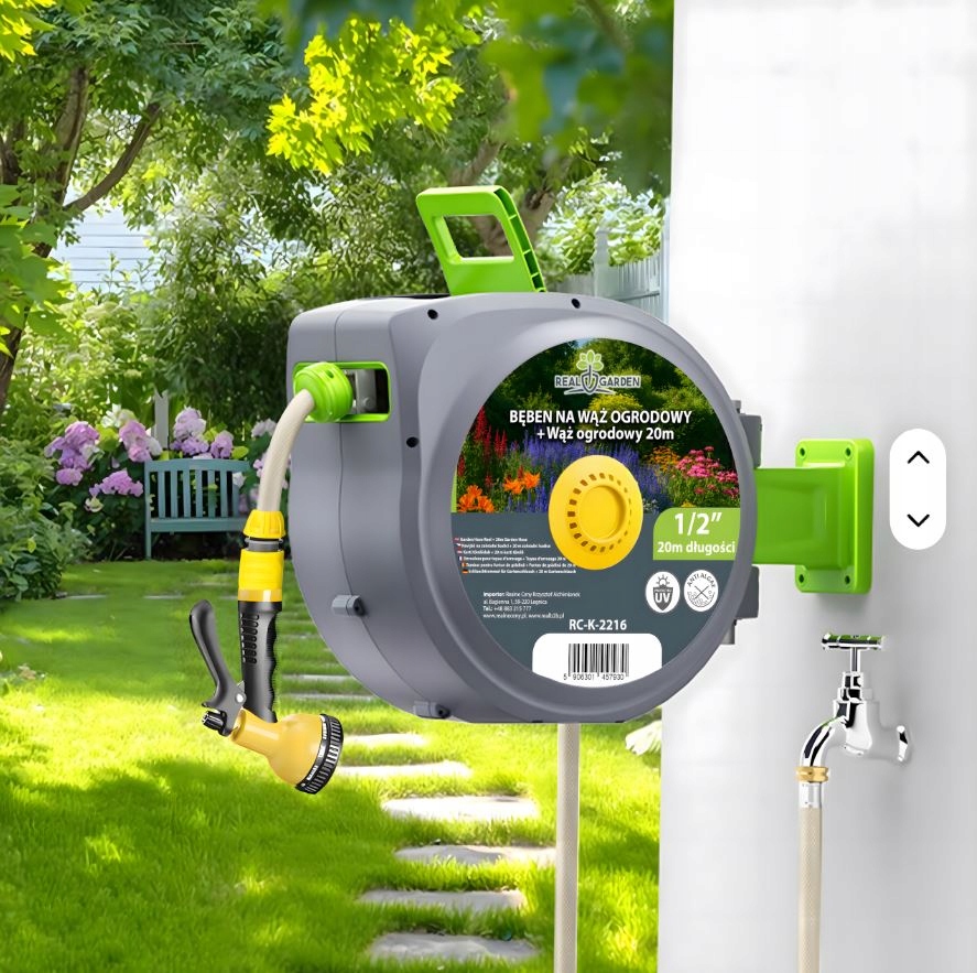AUTOMATYCZNY ZWIJACZ BĘBEN NA WĄŻ OGRODOWY NAŚCIENNY ZWIJAK 1/2" 20m ZESTAW