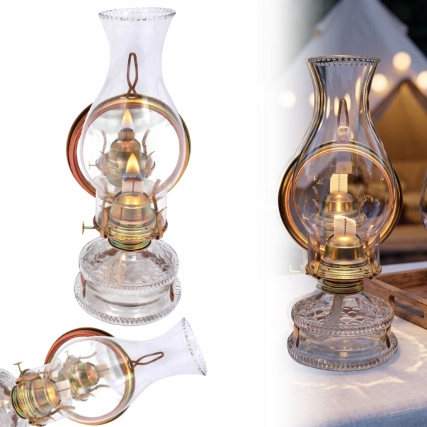 LAMPA NAFTOWA MAXI 31 cm Z LUSTREM LATARNIA DOMOWA OGRODOWA SZKLANA