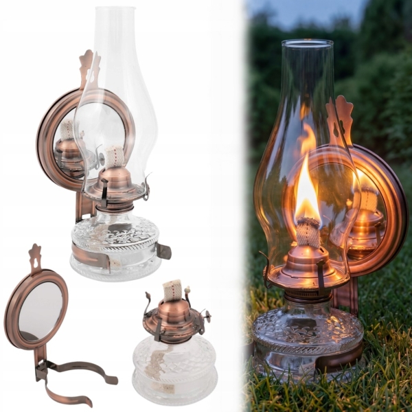LAMPA NAFTOWA 31 cm Z LUSTREM LATARNIA DOMOWA OGRODOWA STARY MIEDŹ
