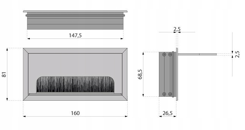 PRZEPUST KABLA KABLI ALU 80x160 mm SZCZOTKA MASKUJĄCA PRZELOTKA CHROM MAT