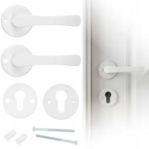 ZESTAW KLAMKA DO DRZWI DRZWIOWA SZYLK DOLNY NA WKŁADKĘ ROZETA OKRĄGŁA BIAŁA