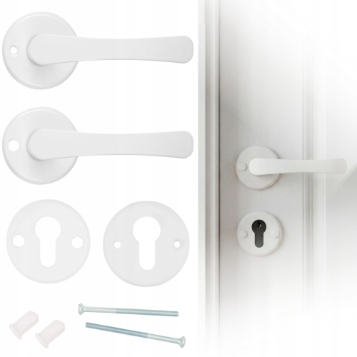 ZESTAW KLAMKA DO DRZWI DRZWIOWA SZYLK DOLNY NA WKŁADKĘ ROZETA OKRĄGŁA BIAŁA