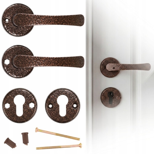 ZESTAW KLAMKA DO DRZWI DRZWIOWA SZYLK DOLNY NA WKŁADKĘ ROZETA MIEDŹ