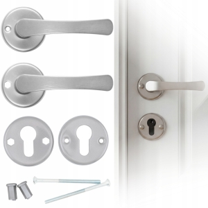 ZESTAW KLAMKA DO DRZWI DRZWIOWA SZYLK DOLNY NA WKŁADKĘ ROZETA SREBRNA