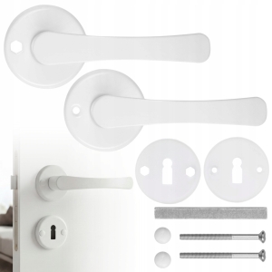 ZESTAW KLAMKA DO DRZWI DRZWIOWA SZYLK DOLNY KLUCZ ROZETA OKRĄGŁA BIAŁA