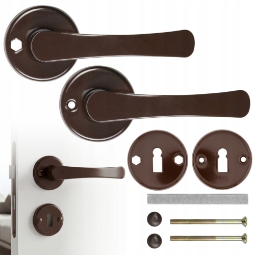 ZESTAW KLAMKA DO DRZWI DRZWIOWA SZYLK DOLNY KLUCZ ROZETA OKRĄGŁA BRAZOWA