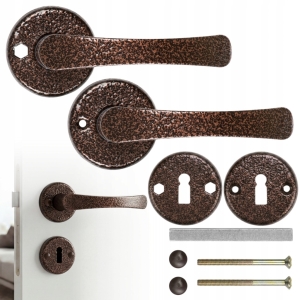ZESTAW KLAMKA DO DRZWI DRZWIOWA SZYLK DOLNY KLUCZ ROZETA OKRĄGŁA MIEDŹ