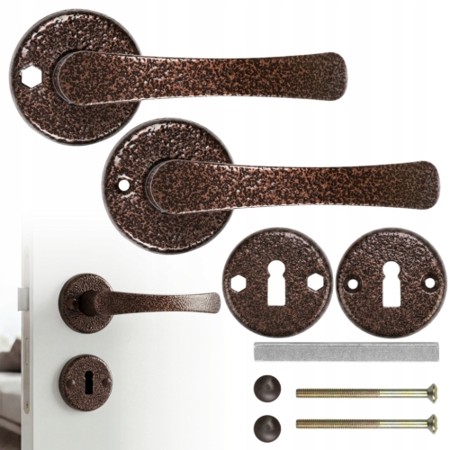 ZESTAW KLAMKA DO DRZWI DRZWIOWA SZYLK DOLNY KLUCZ ROZETA OKRĄGŁA MIEDŹ