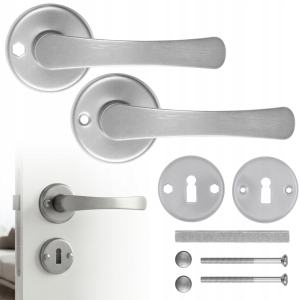 ZESTAW KLAMKA DO DRZWI DRZWIOWA SZYLK DOLNY KLUCZ ROZETA OKRĄGŁA SREBRNA