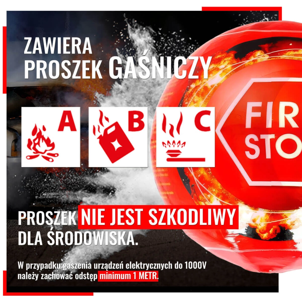 Kula gaśnicza 4 KG - zawiera proszek gaśniczy A B C który nie jest szkodliwy dla środowiska.