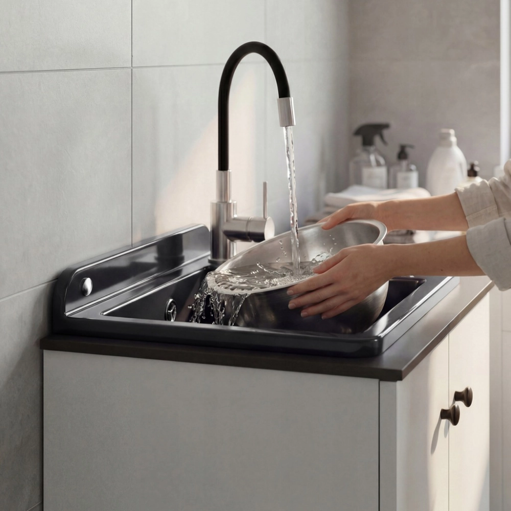 ZESTAW COMPACT DO GARAŻU PRALNI SZAFKA ZLEW CZARNY BATERIA FLEX DOZOWNIK